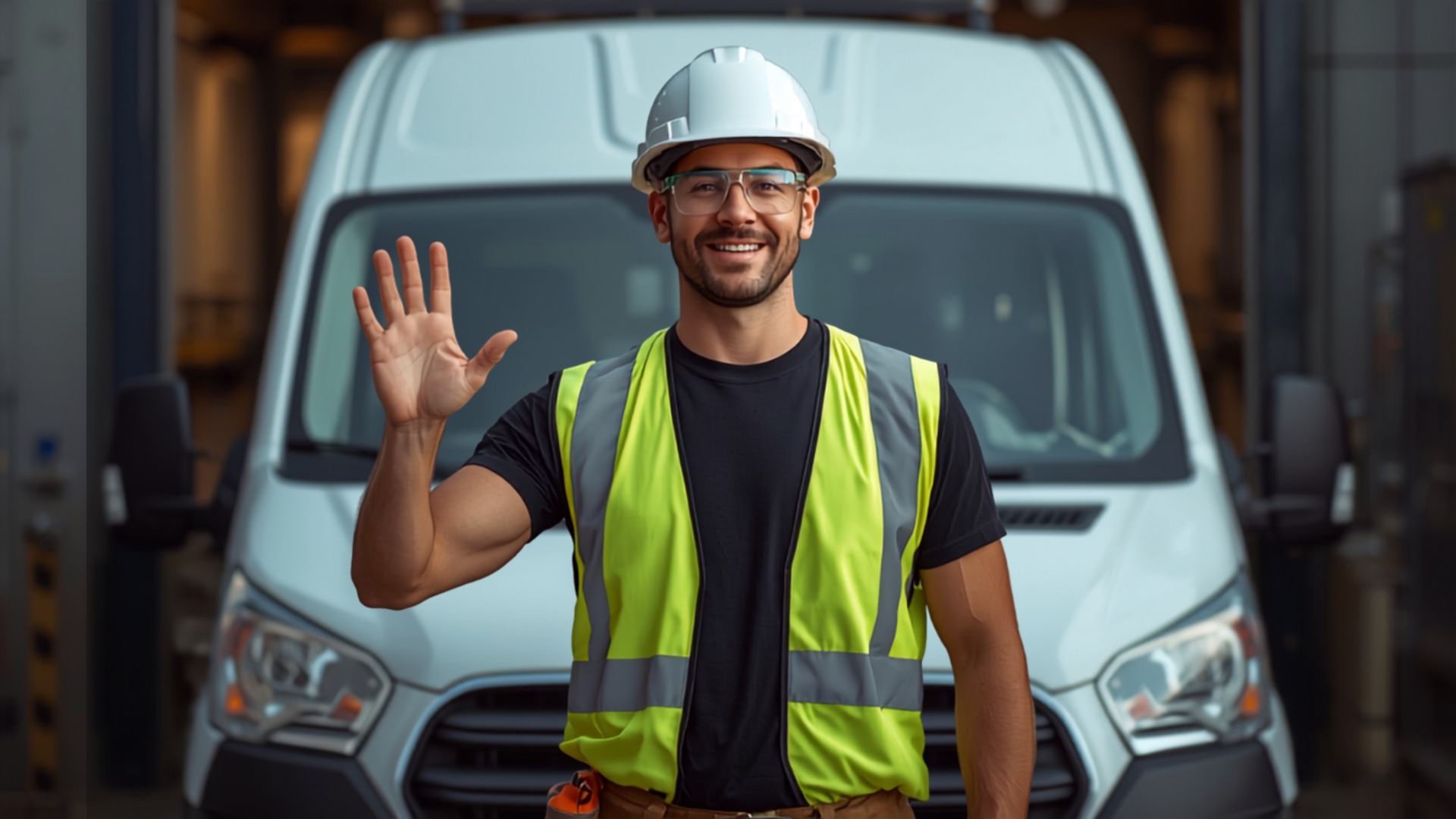 Installation technician in safety gear waving in front of a work van
